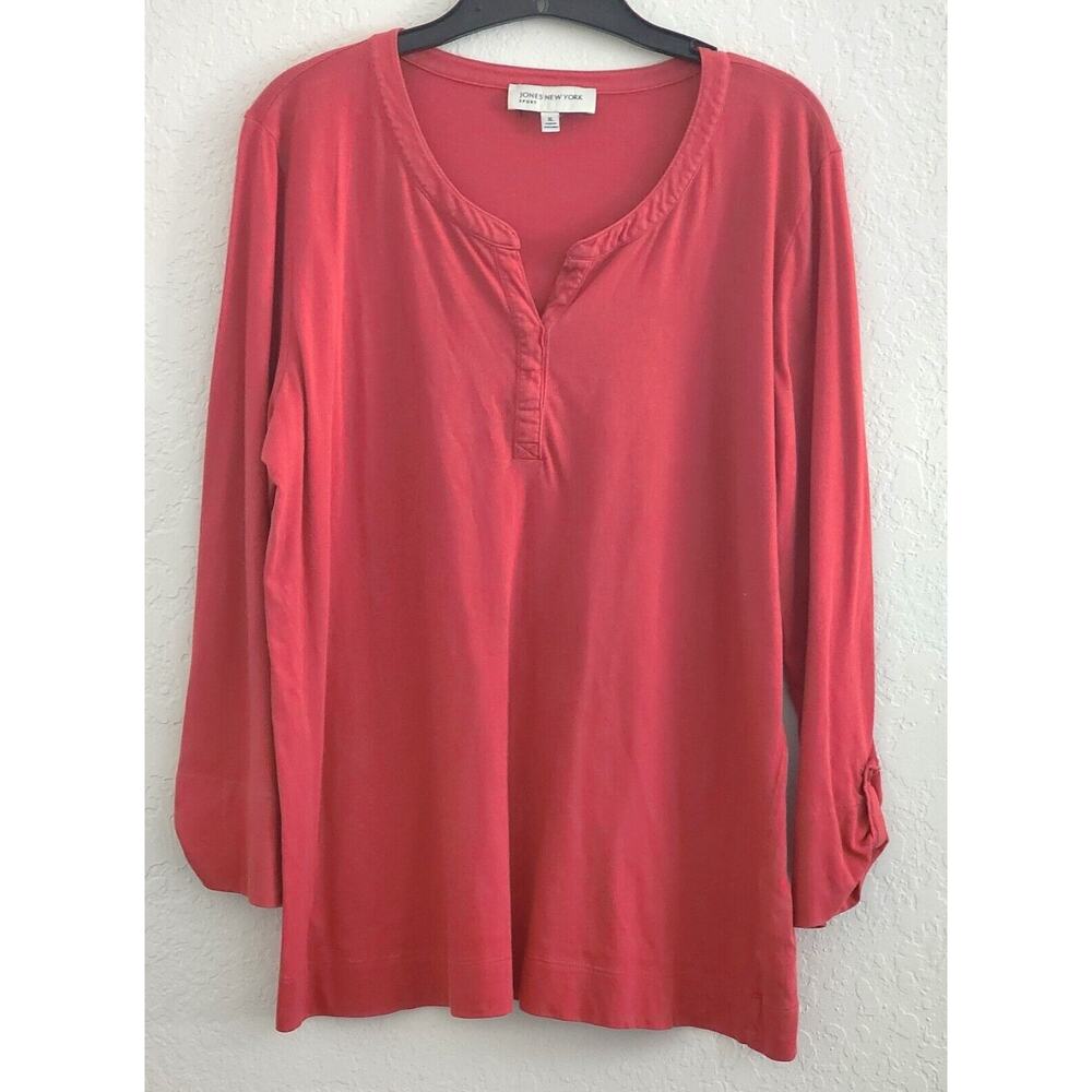 Top/Blouse-Jones New York-Dark Pumpkin Orange-Tab Long Sleeves-Bottom Hem-X-Lrg